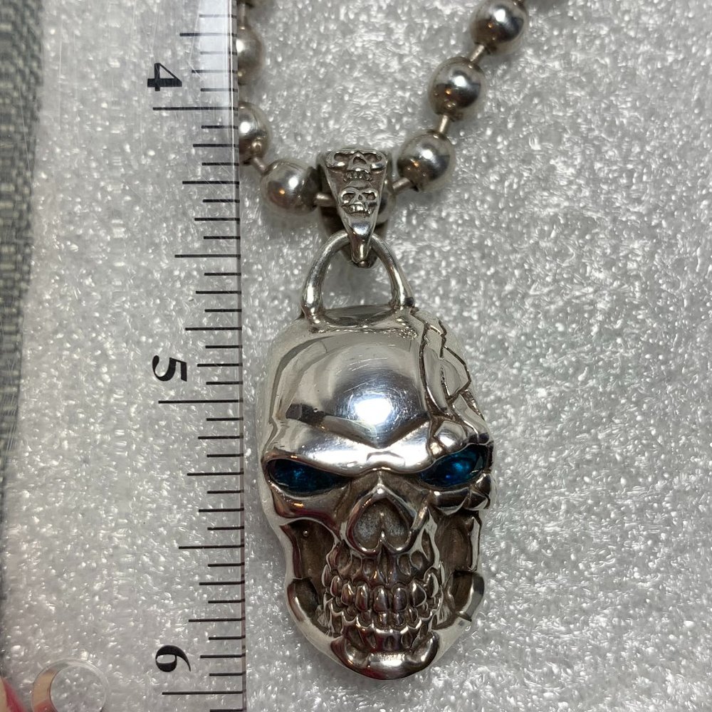 .925 Sterling Skull Necklace. 21" Long. 6mm Ball Chain. Blue Glass Eyes. (621)